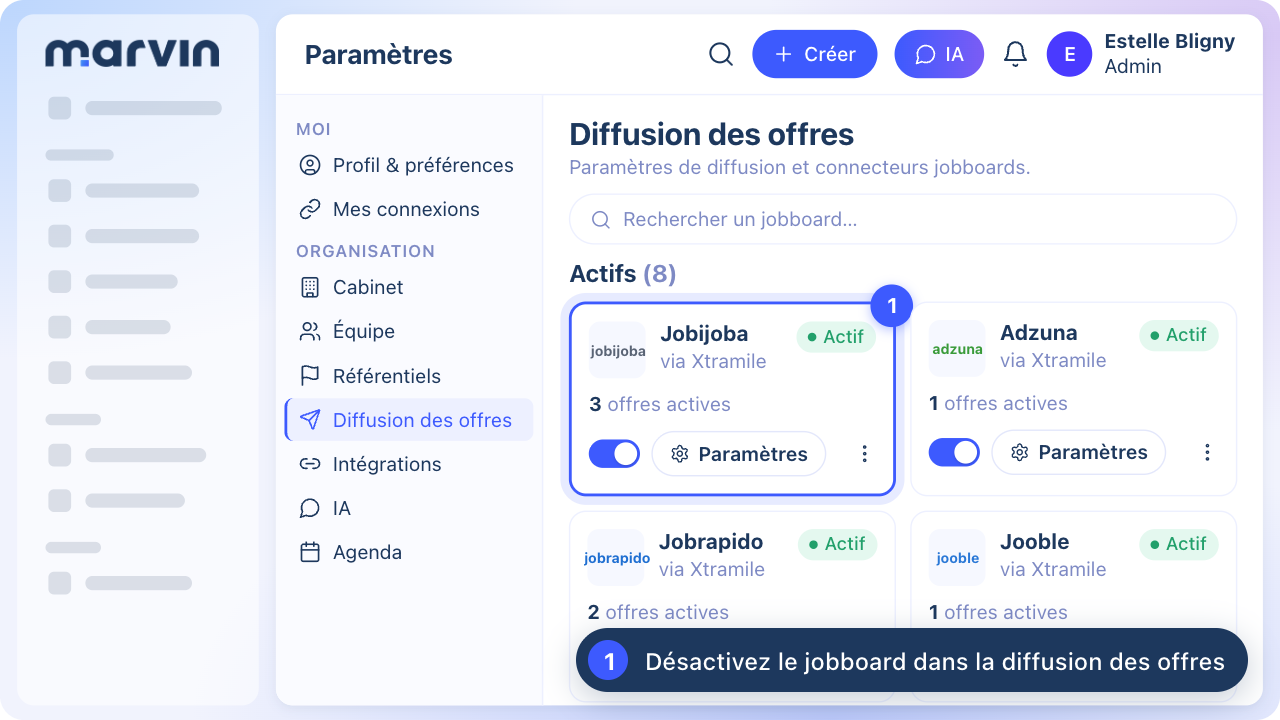 Screenshot of the update: Désactiver un jobboard retire ses annonces en ligne