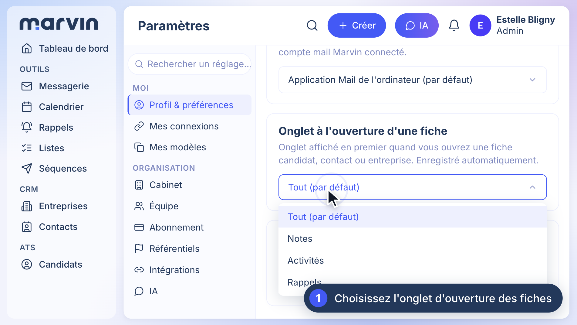 Screenshot of the update: Choisir l’onglet sur lequel s’ouvrent vos fiches