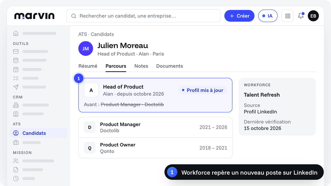 Screenshot of the update: Les profils LinkedIn de vos talents dans Workforce se mettent à jour automatiquement.